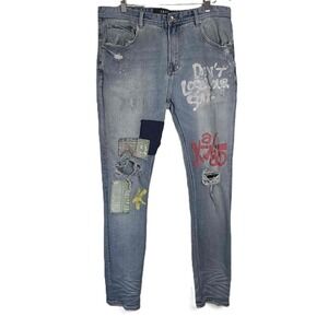 AKOO Mens Patchwork Distressed Jeans 38 Blue Embroidered Streetwear